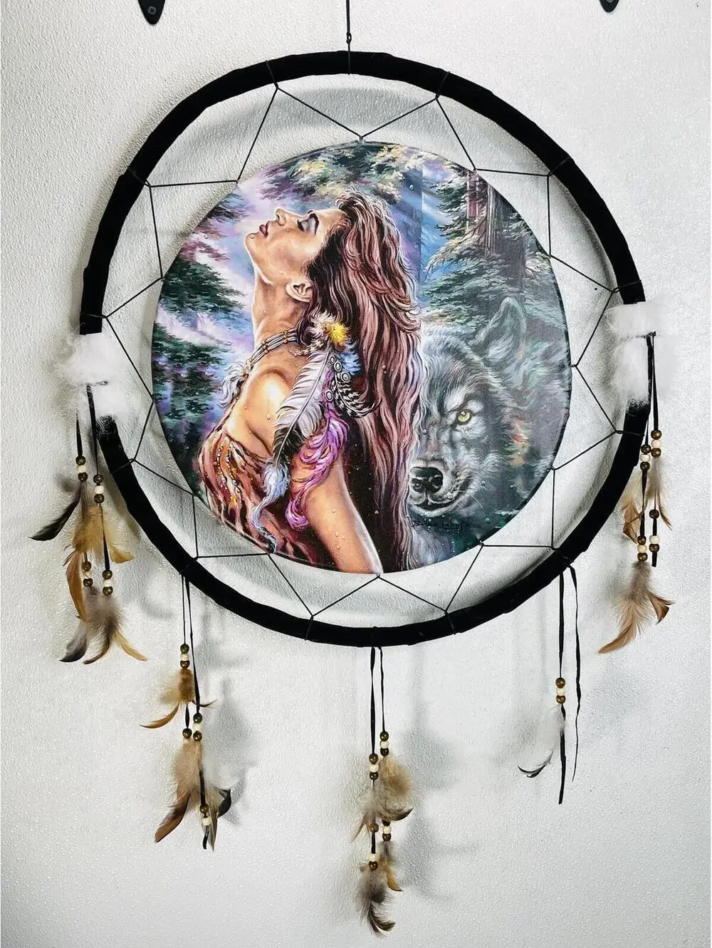 Boho Wolf Dreamcatcher Wall Hanging with Feathers